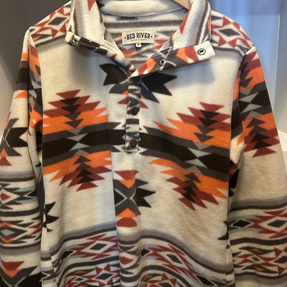 Red River Cream & Orange Aztec Print Fleece Pullover Sweater